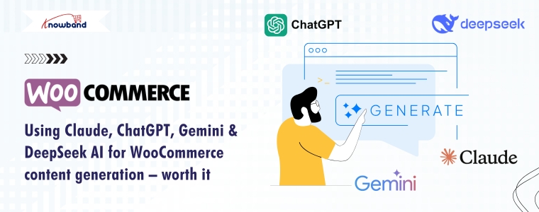Workflow diagram showing Claude, Gemini, and DeepSeek AI models powering bulk content generation for WooCommerce using the AI Content Generator Plugin.