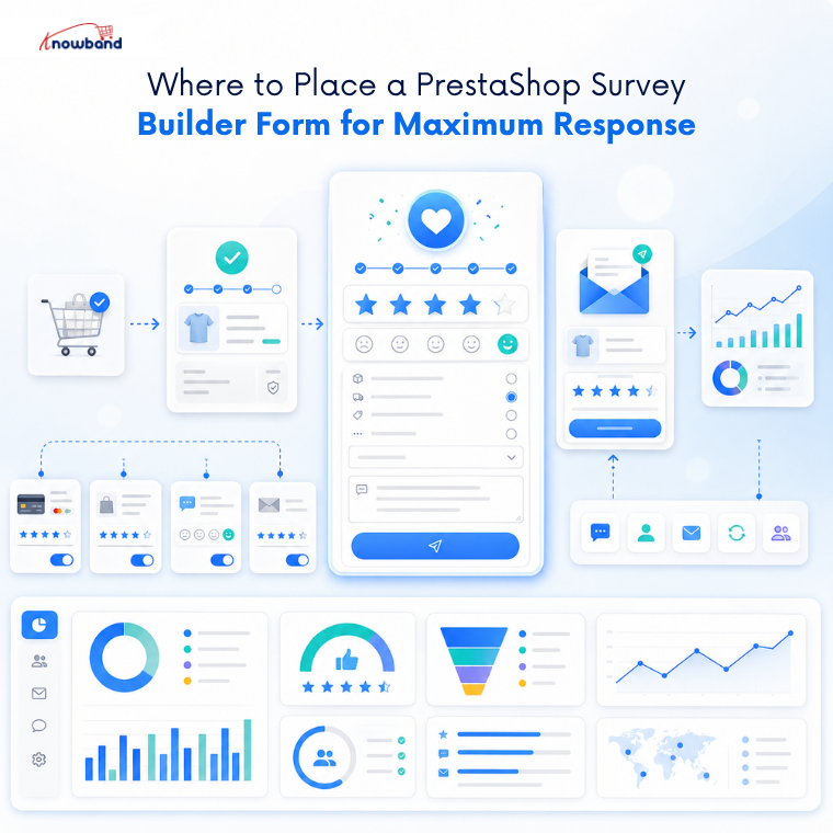 PrestaShop Survey Builder features including drag-and-drop forms, customer feedback collection, survey analytics, email integration, spam protection, and response management.