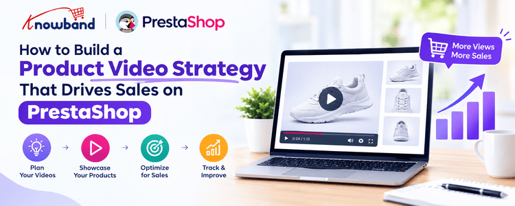 Knowband and PrestaShop product video strategy guide showing a sneaker product video, video planning steps, and sales growth analytics